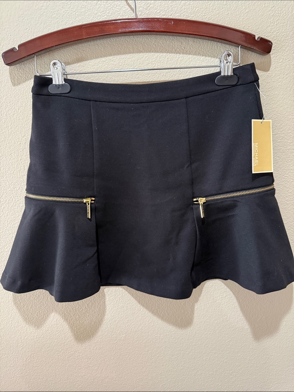 MICHAEL Michael Kors Black Flared Skater Skirt with Gold Zippers